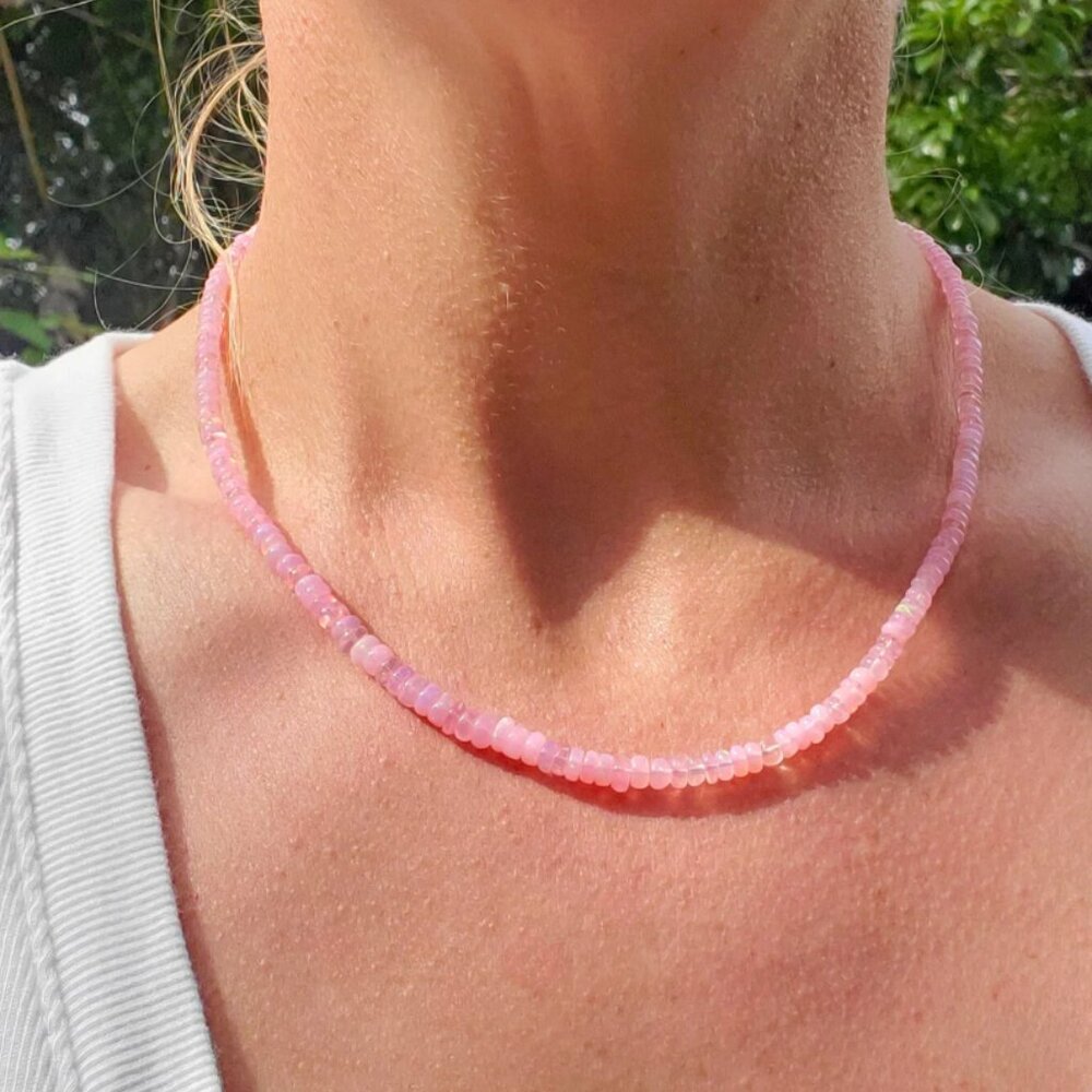 Stunning Necklace Ethiopian Pink Fire Opal Necklace Beaded Opal Necklace Pink